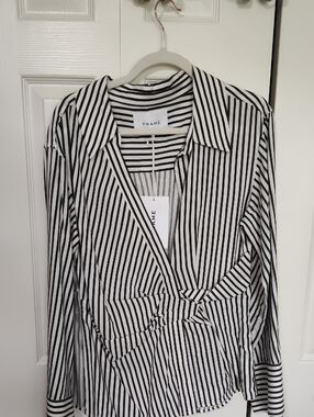 FRAME Draped Wrap Shirt in the colorway "Noir Multi Stripe